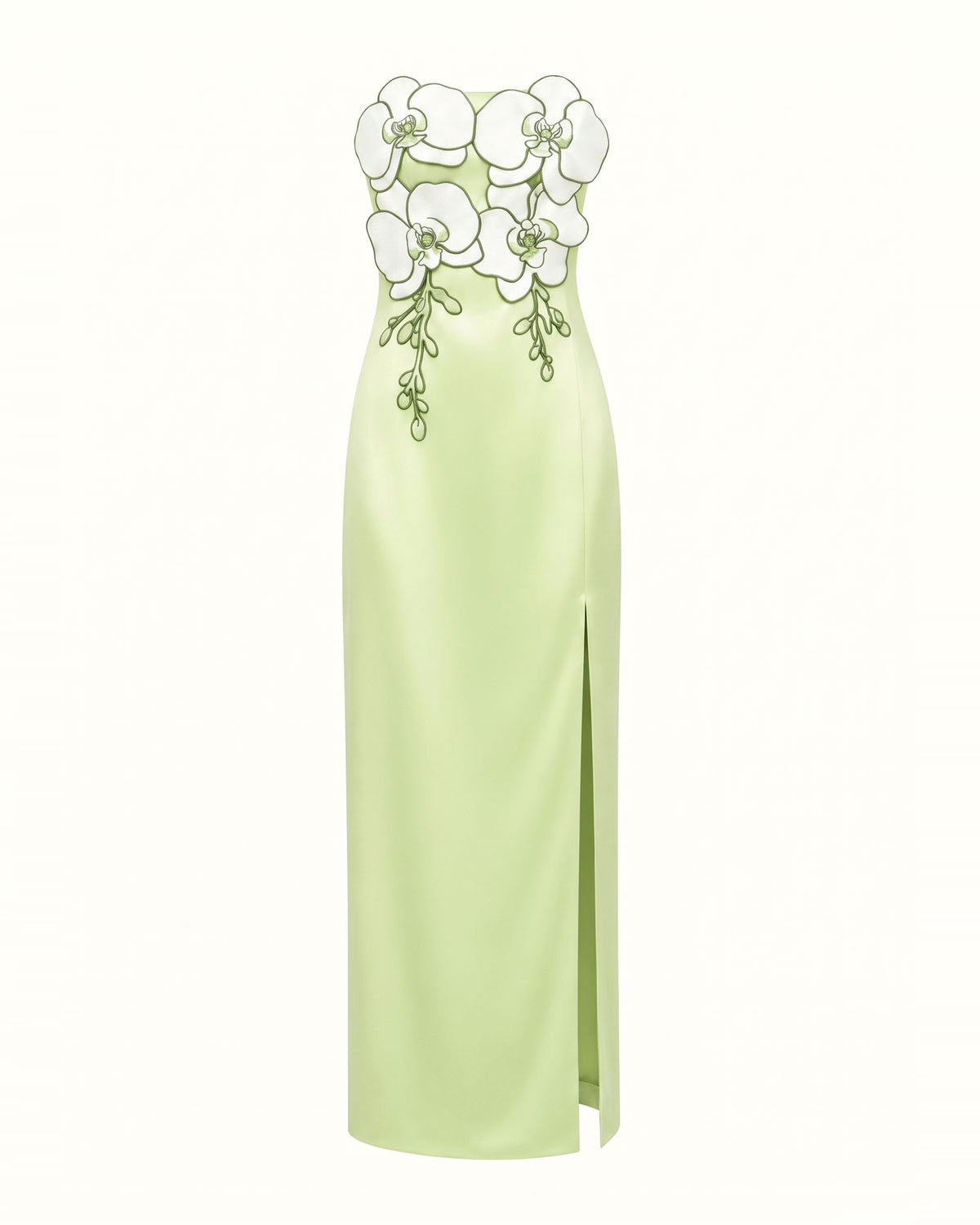 3D Floral Strapless Slit Satin Maxi Dress - Lime Green