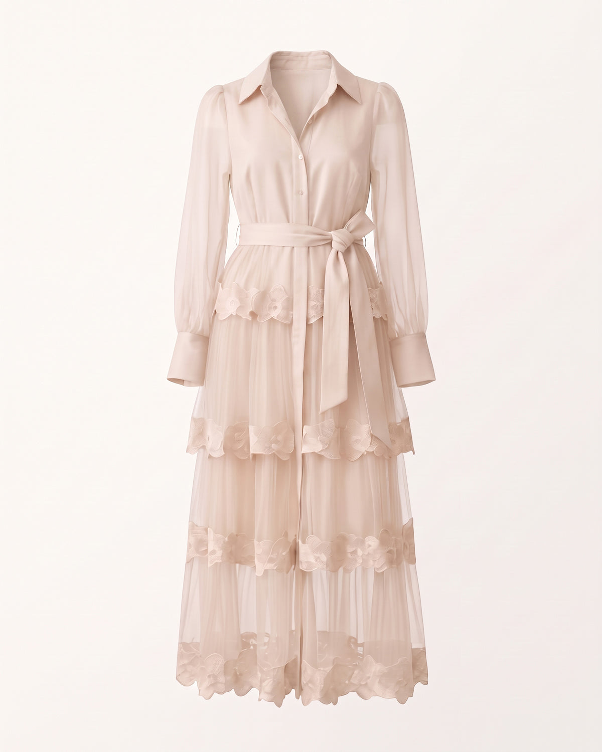 Orchid Embellished Tiered Belted Long-Sleeve Shirt Dress - Pink
