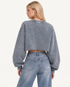 Rhinestone Rose Frayed Hem Cropped Pullover - Vintage Slate
