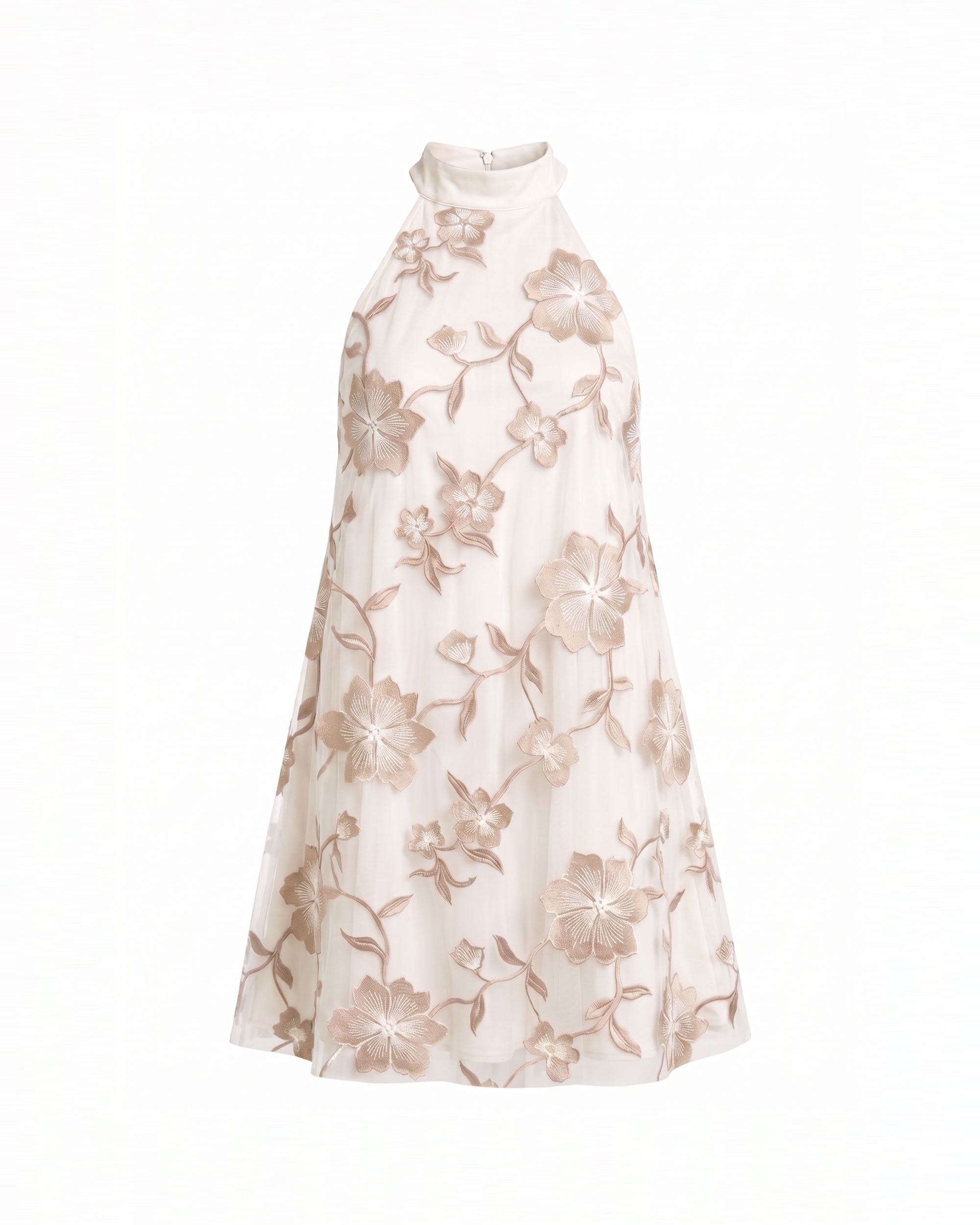 Floral Embroidered Halter Mini Dress - Ivory