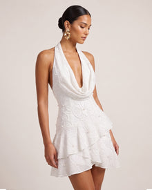 Orchid Beaded Embroidered Draped Halter Tiered Mini Dress - White
