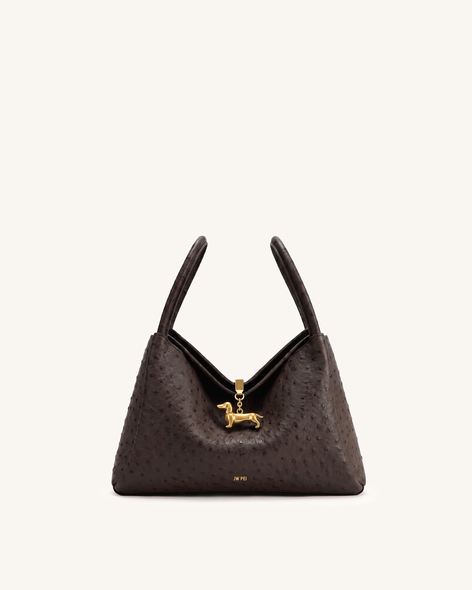 Maelle Faux Ostrich Grain Dachshund Charm Double Handle Bag - Dark Brown