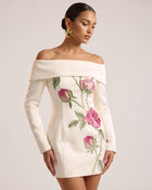 Rose Embroidered Foldover Long-Sleeve Mini Dress - Off White