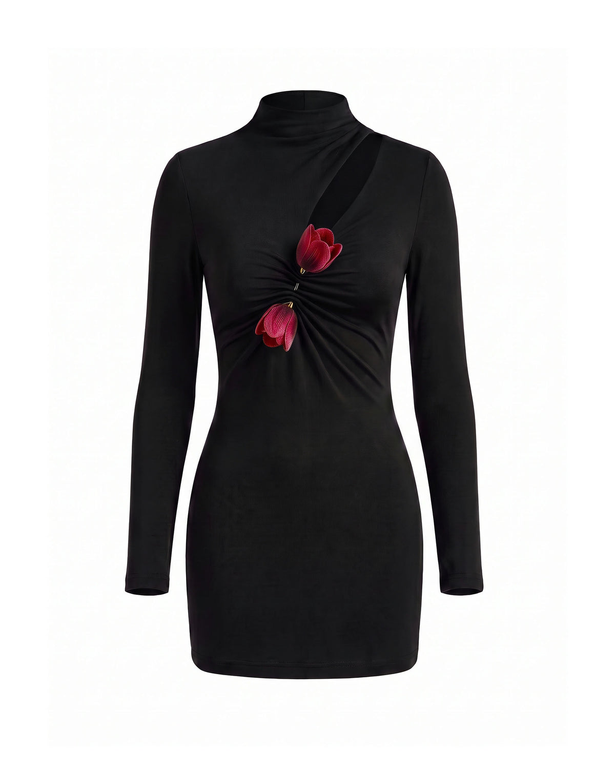 3D Embroidered Tulip High-Neck Cutout Long-Sleeve Dress - Black