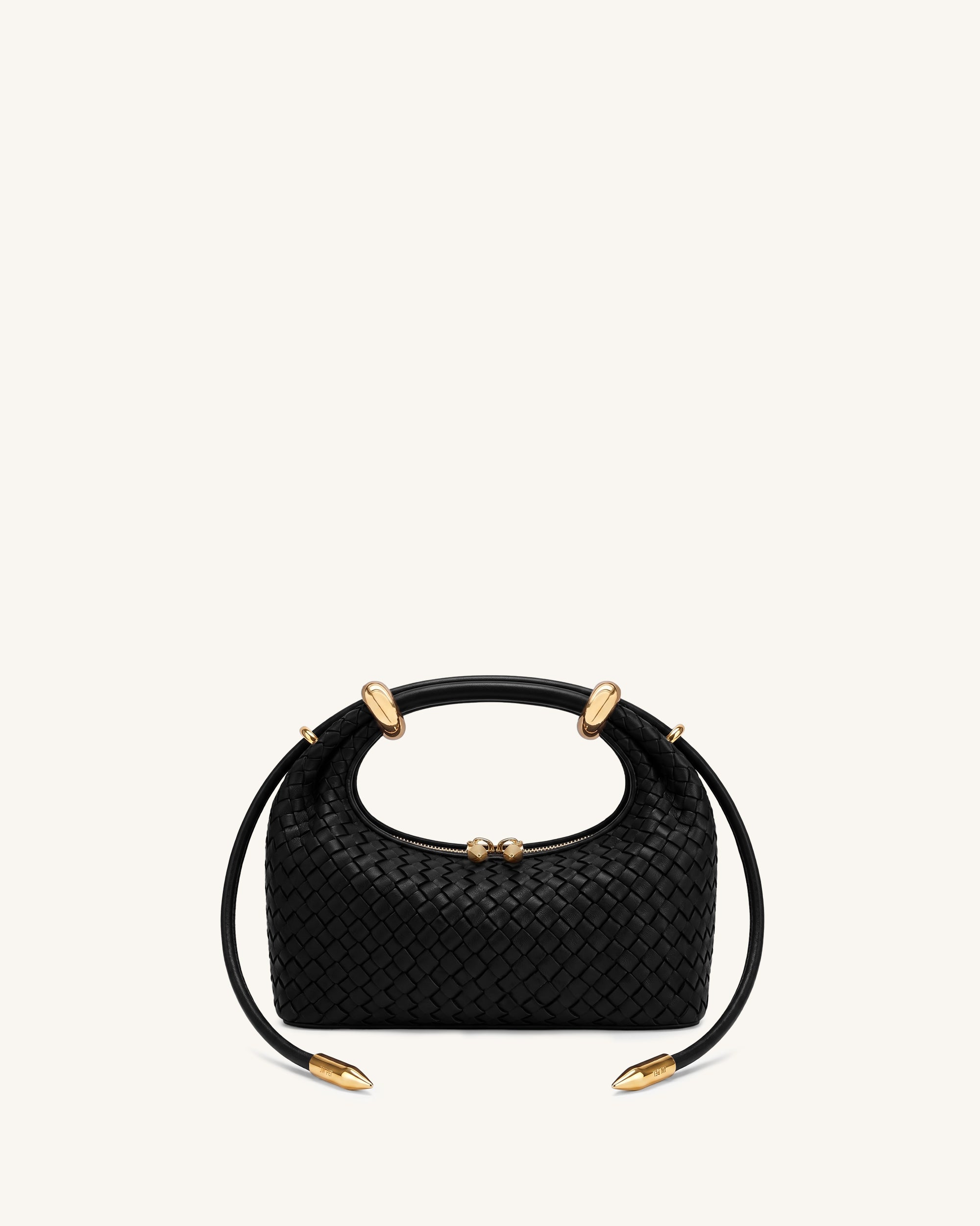 Ellie Woven Metal Ring Embellished Top Handle Bag - Dark Black