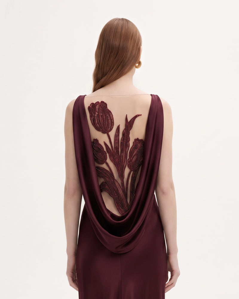 Tulip Appliqué Cowl-Back Satin Column Maxi Dress - Burgundy