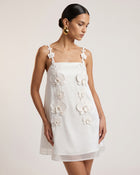 Orchid-Embellished Spaghetti Strap Mini Dress - White