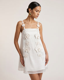 Orchid-Embellished Spaghetti Strap Mini Dress - White