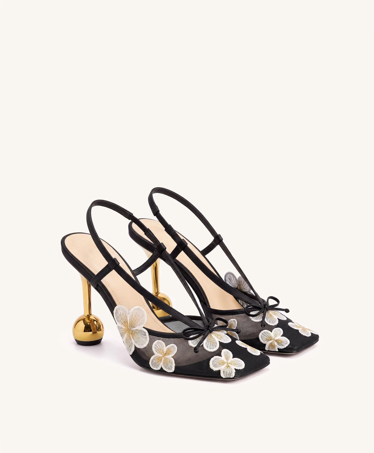 Mireille Floral Embroidered Bow Slingback Pumps - Black