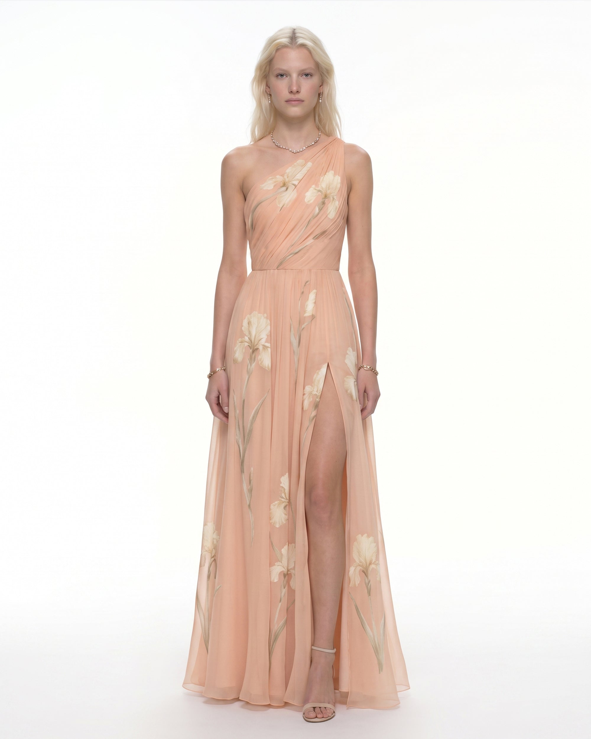 Floral One Shoulder Maxi Dress - Apricot