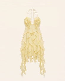 Flower Embroidered Halter Asymmetric Ruffle Mini Dress - Butter Cream