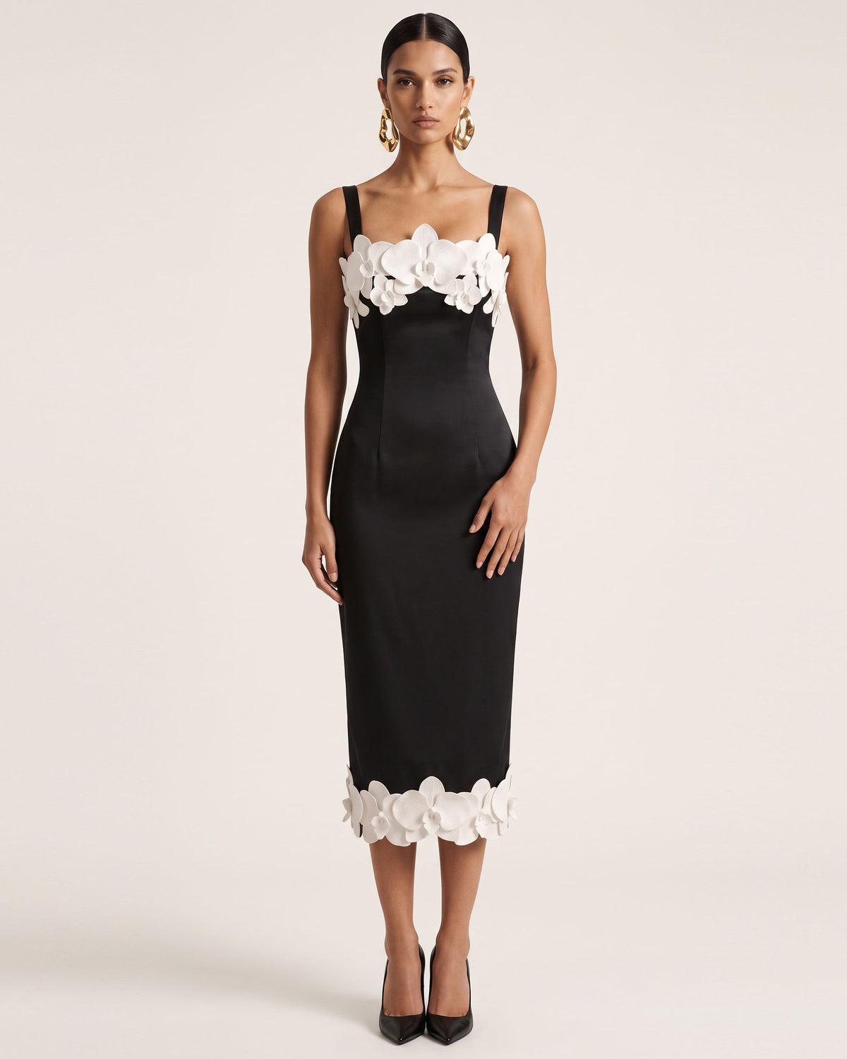 Orchid Embroidered Strappy Square Neck Midi Dress - Black