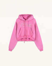 The Darling Crystal Feather Wing Cropped Hoodie - Acid Pink
