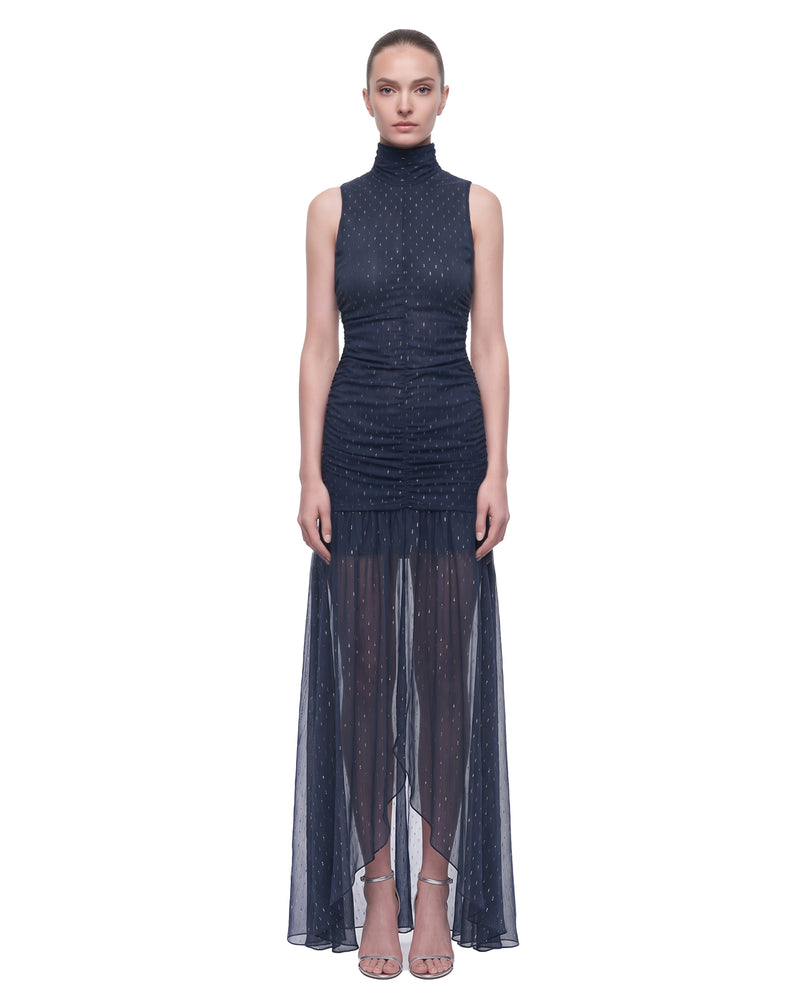 Embellished High-Neck Ruched Sheer Maxi Dress - Navy