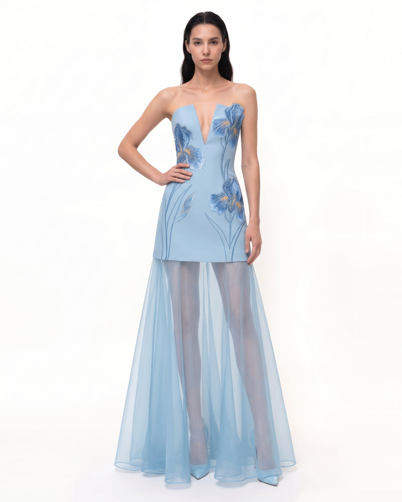 Iris Embroidered Plunge Sheer Overlay Maxi Dress - Light Blue