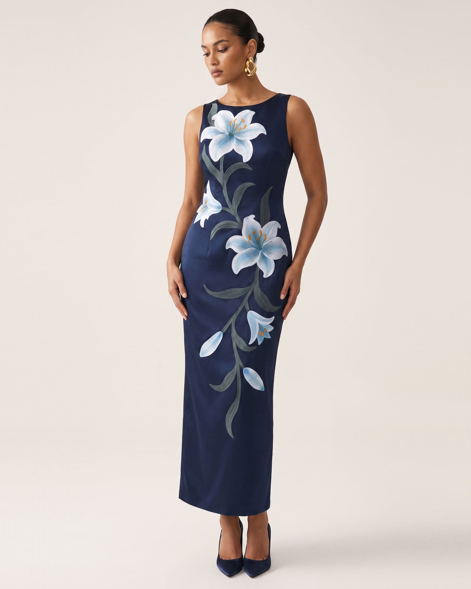Lily Floral Print Sleeveless Column Maxi Dress - Dark Blue
