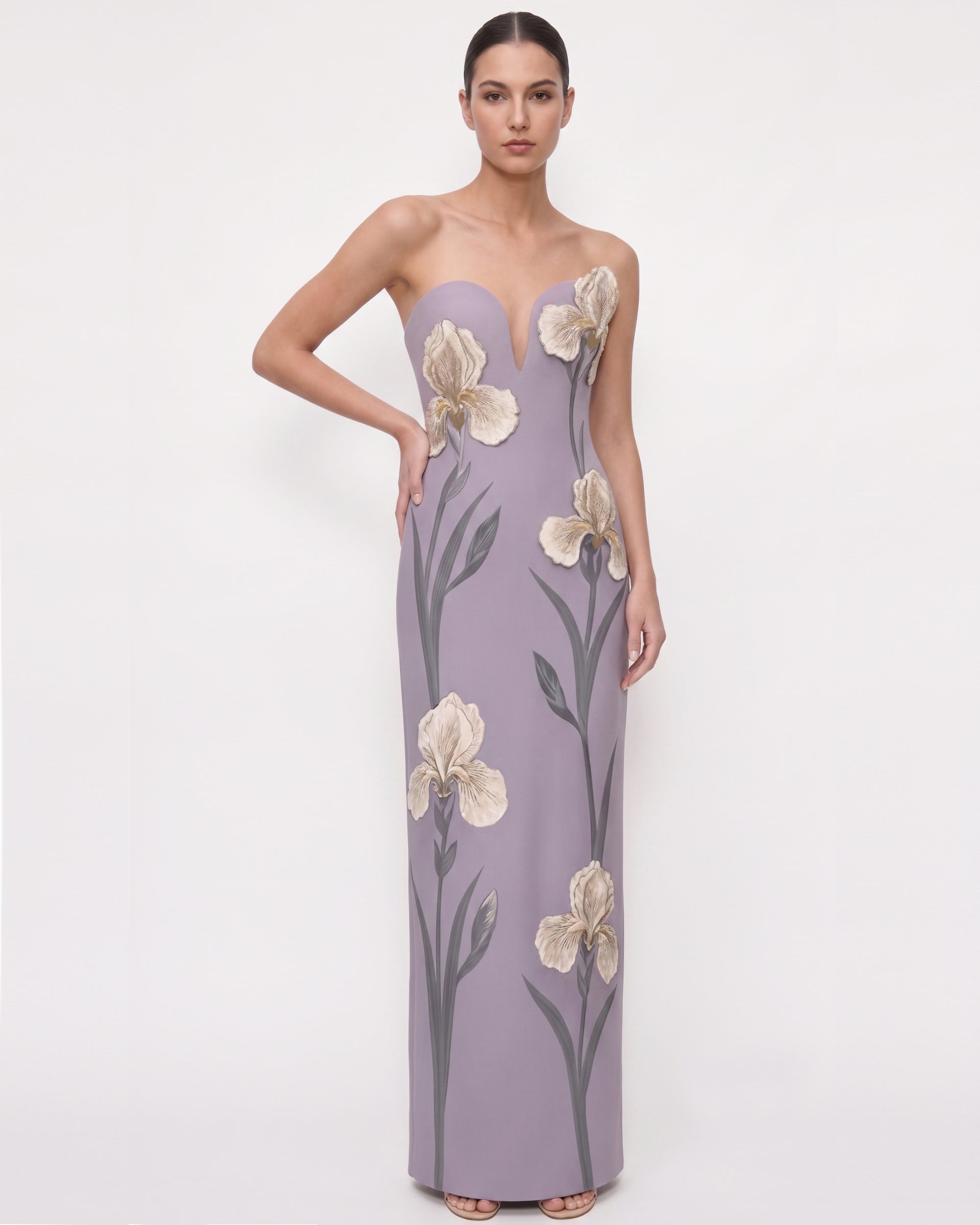 Iris Embroidered Notch Neck Strapless Maxi Dress - Dusty Lavender
