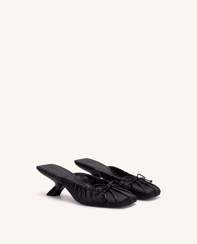 Solenne Satin Bow Ruched Mules - Black