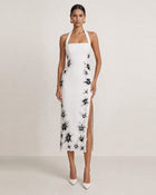 Flower Embroidered Halter Midi Dress - White