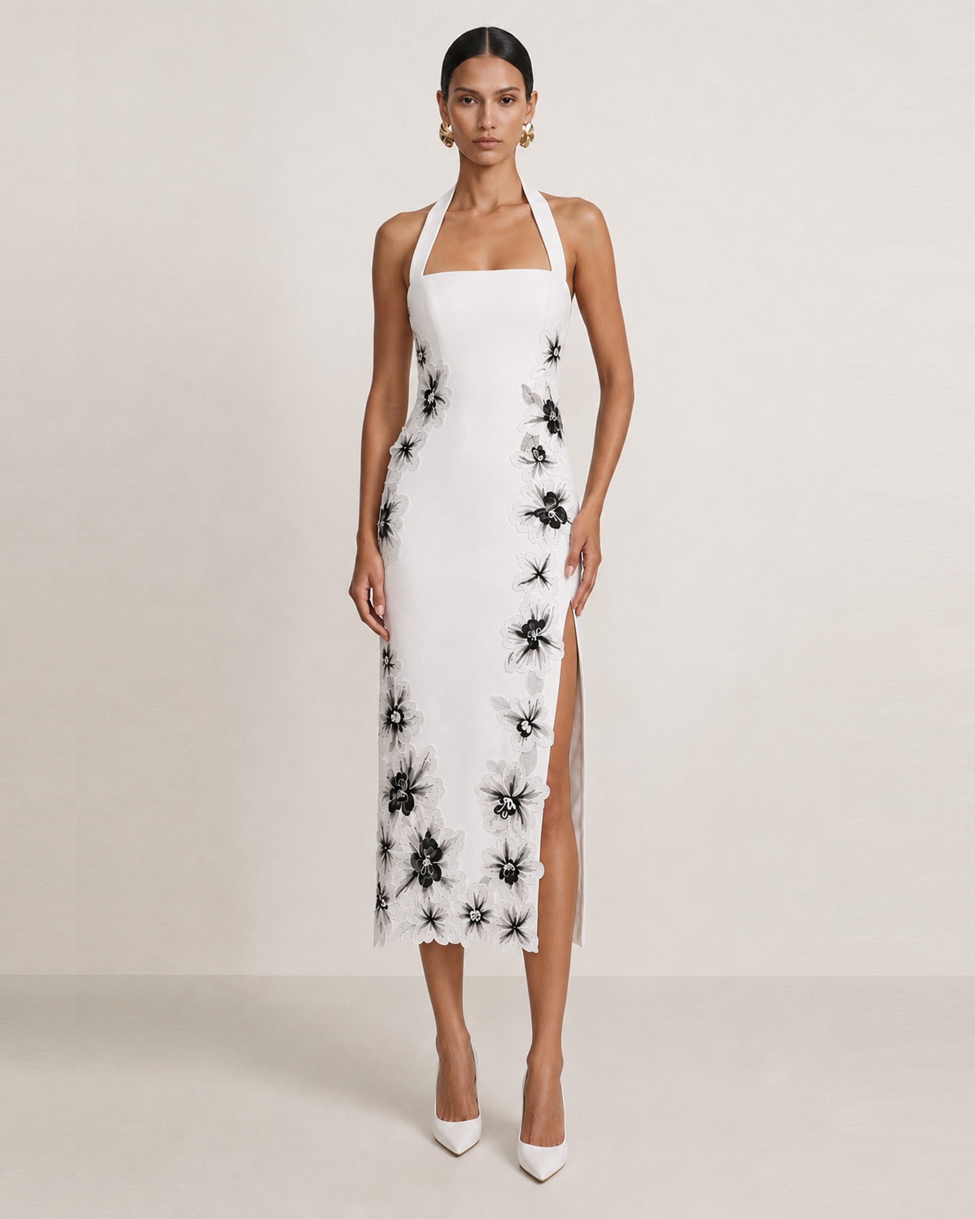 Flower Embroidered Halter Midi Dress - White