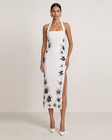 Flower Embroidered Halter Midi Dress - White