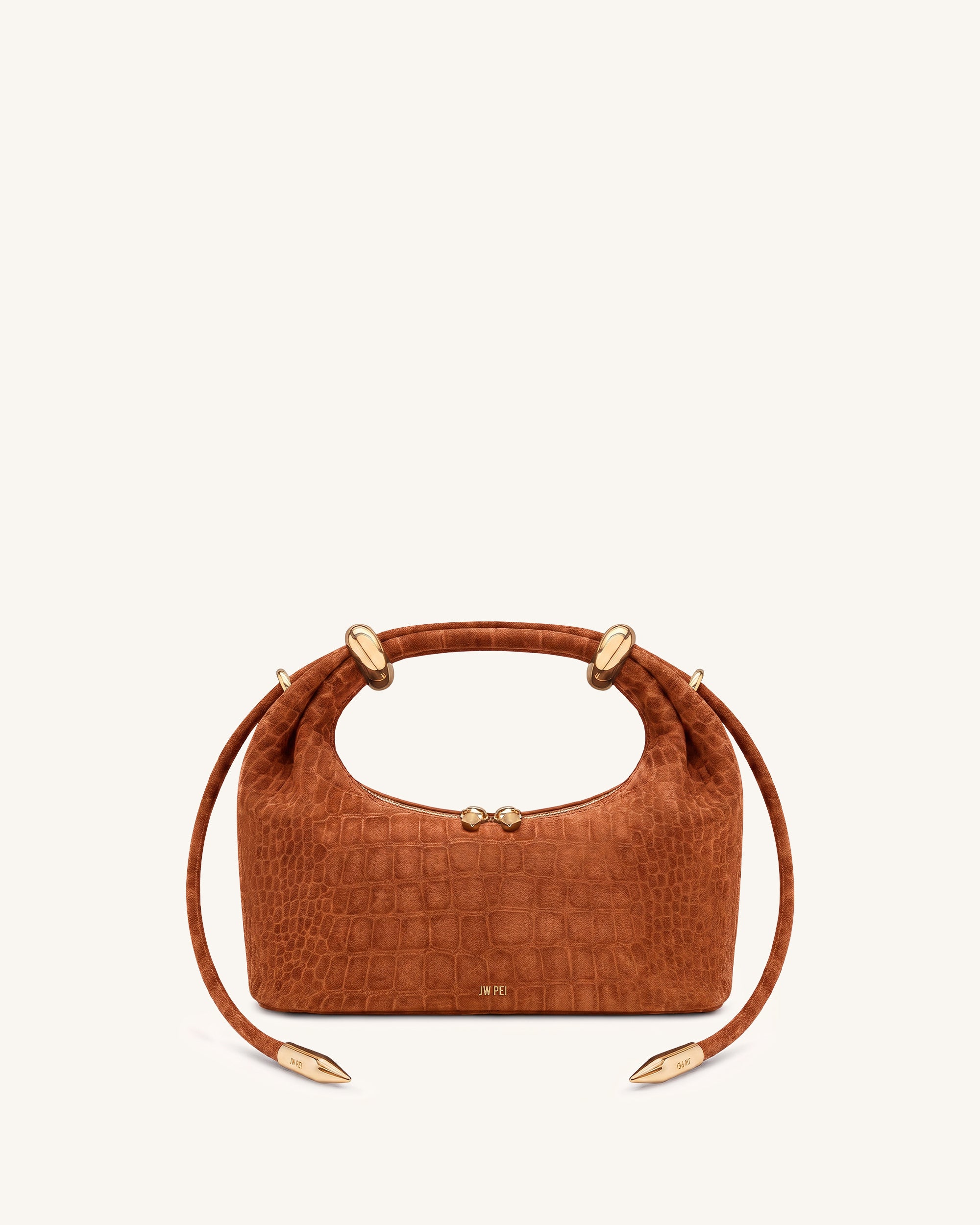 Ellie Faux Suede Metal Ring Embellished Top Handle Bag - Caramel Croc