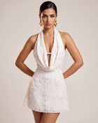 Orchid Beaded Embroidered Draped Halter Cutout Mini Dress - White