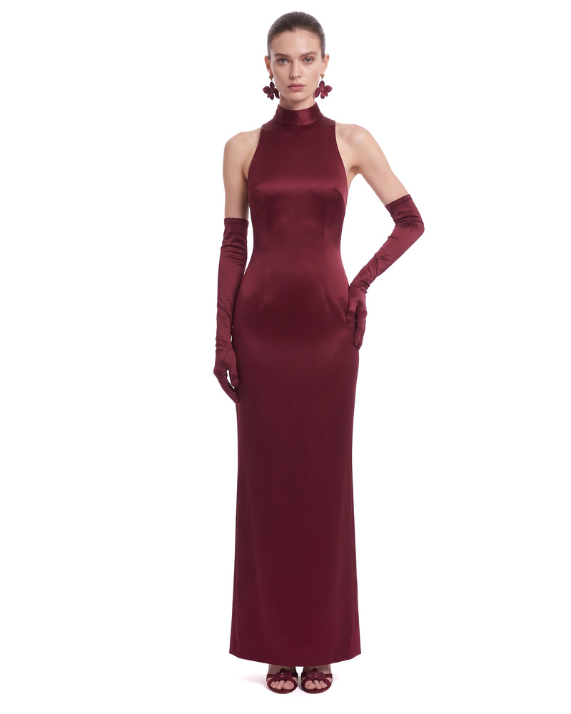 Satin Mock-Neck Floral Applique Open-Back Maxi Dress - Burgundy