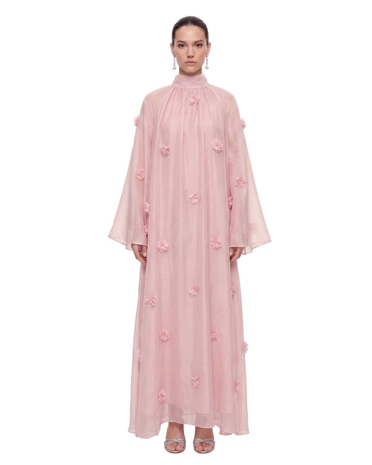 3D Floral Sheer Cape Maxi Dress - Blush