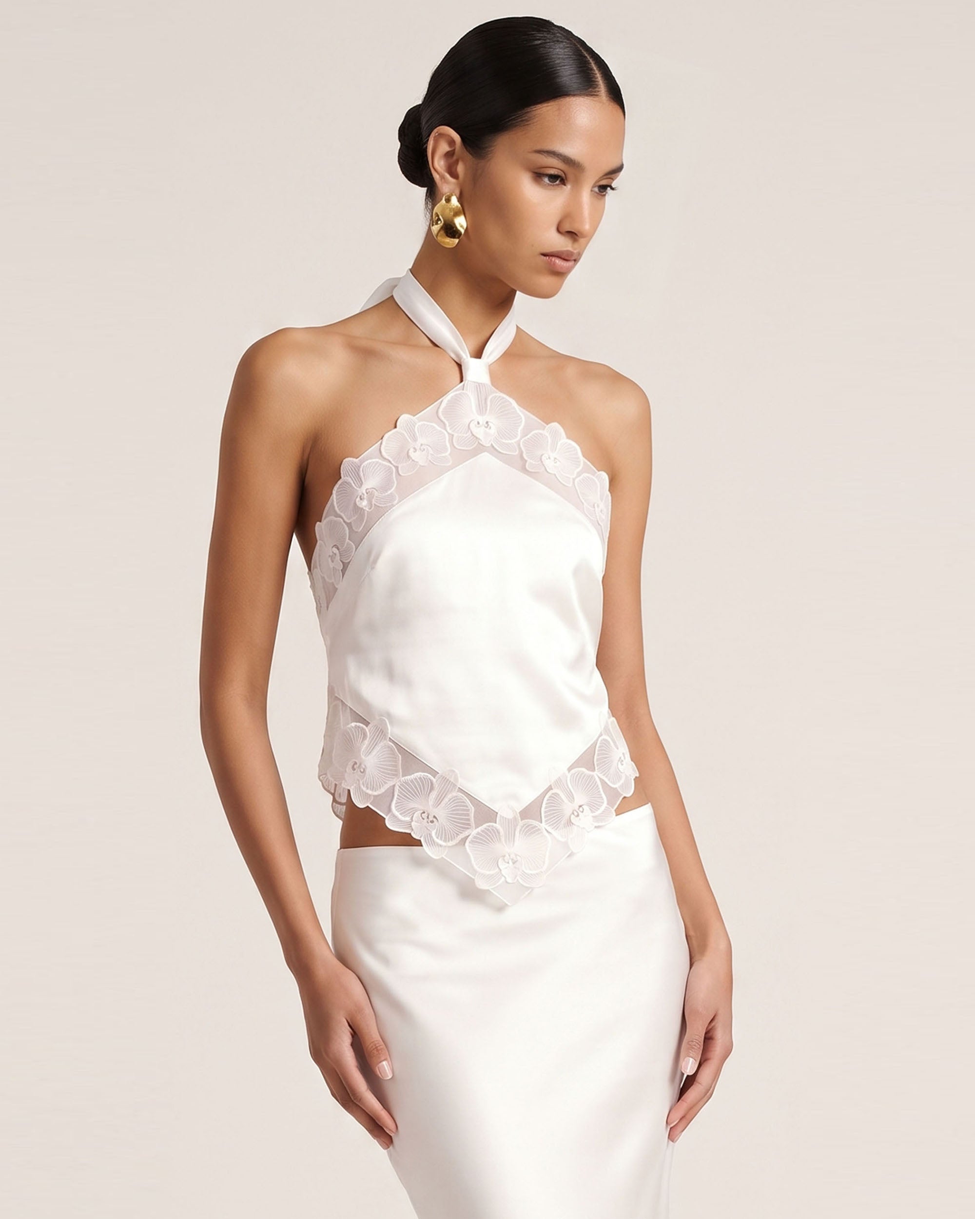 Orchid Embroidered Halter Top - White