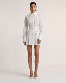 Orchid-Embellished High-Neck Button-Front Mini Shirt Dress - White