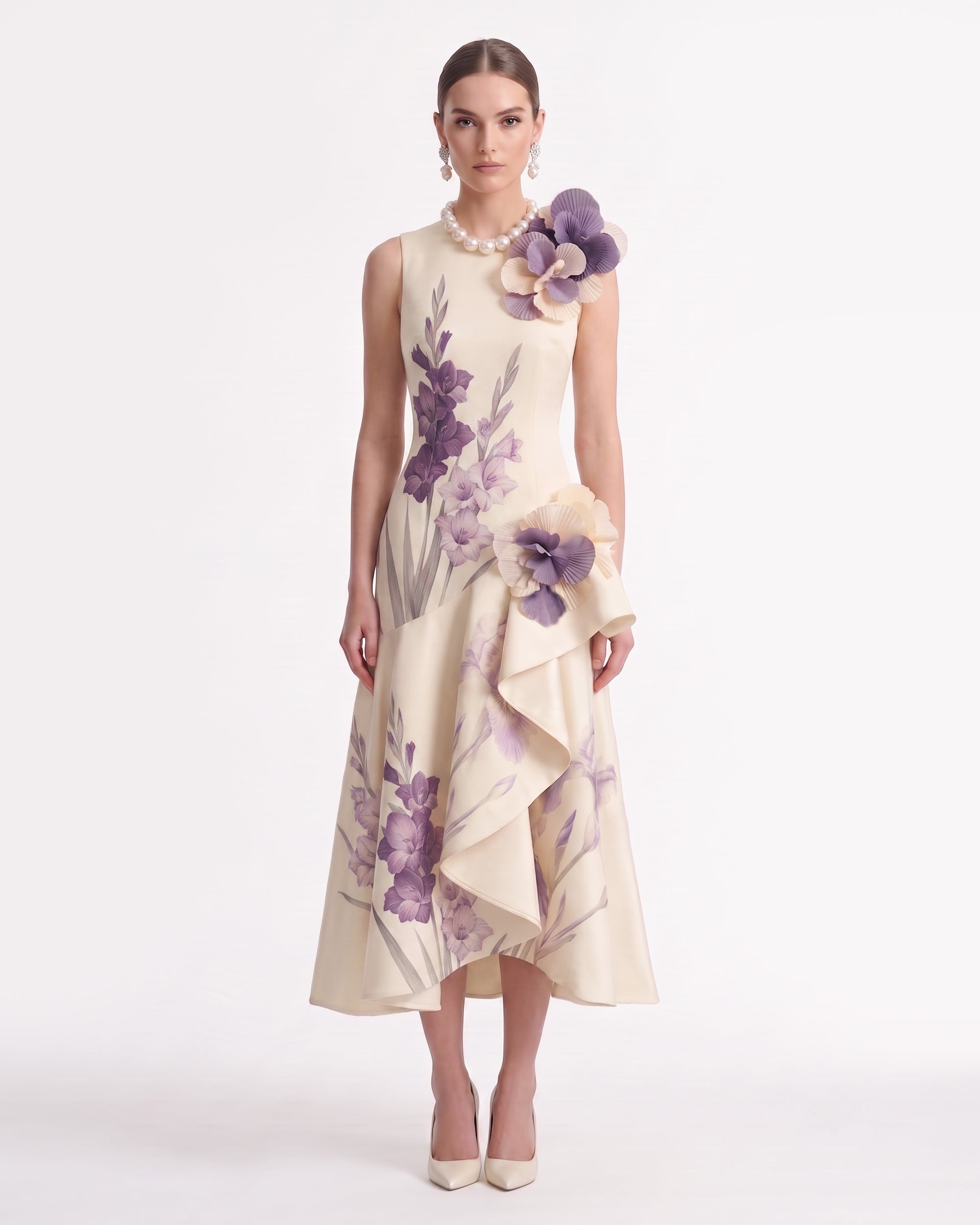 Gladiolus 3D Floral Appliqué Ruffled Midi Dress - Ivory
