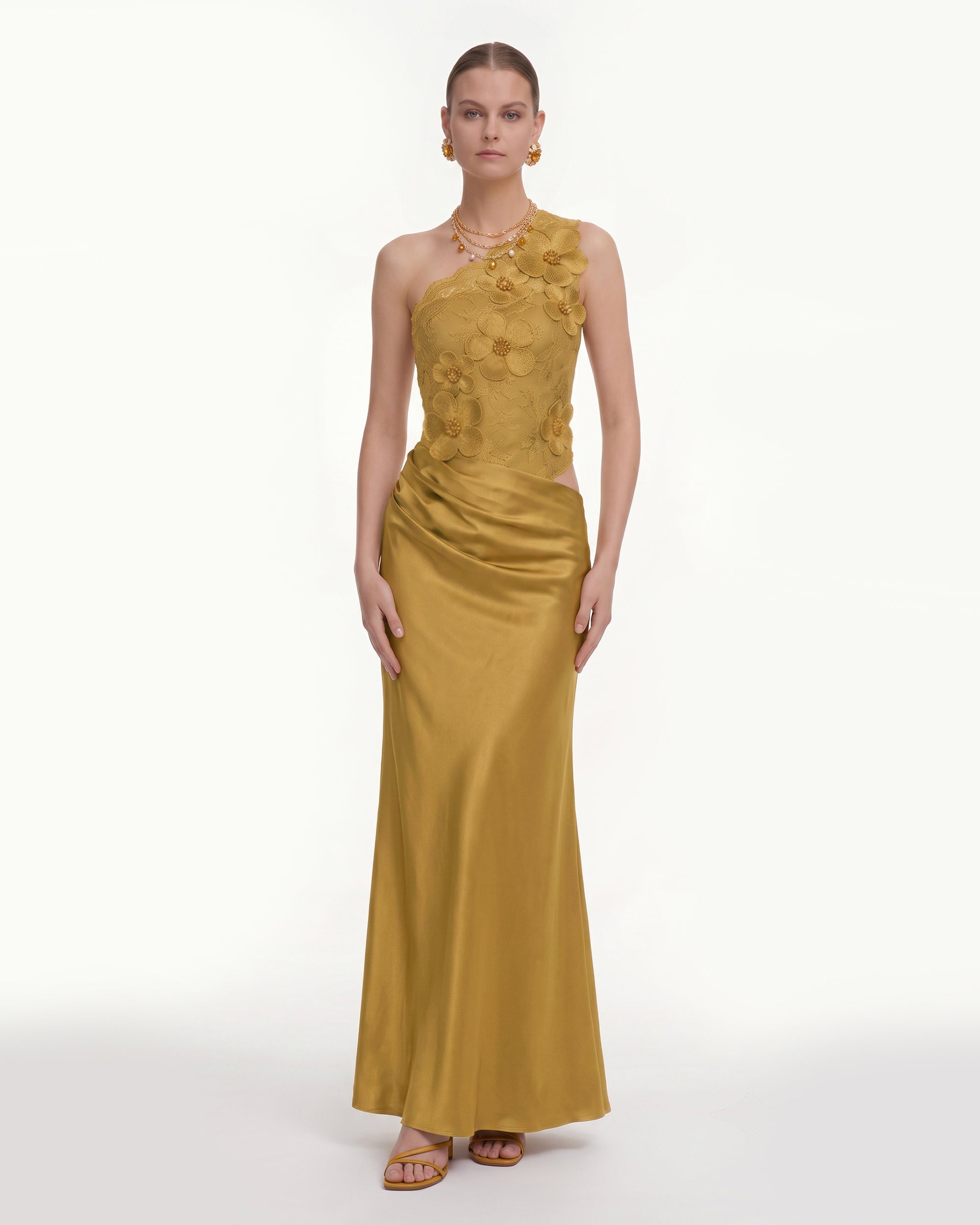 Floral One Shoulder Satin Dress - Mustard Yellow