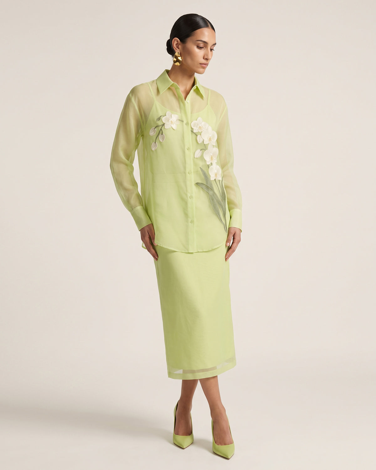 Orchid-Embroidered Sheer Button-Down Shirt - Lime Green