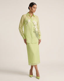 Orchid-Embroidered Sheer Button-Down Shirt - Lime Green