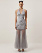 Orchid Embroidered Sheer Hem Halter Maxi Dress - Grey