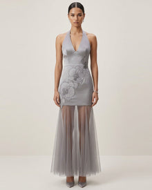 Orchid Embroidered Sheer Hem Halter Maxi Dress - Grey