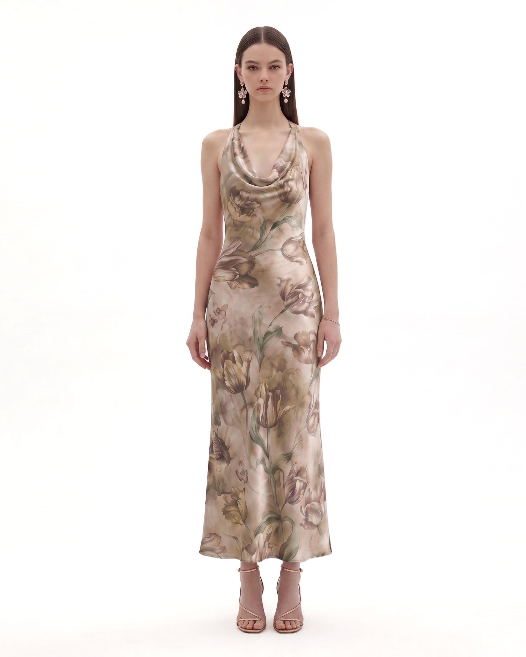 Floral Print Cowl-Neck Satin Maxi Dress - Beige
