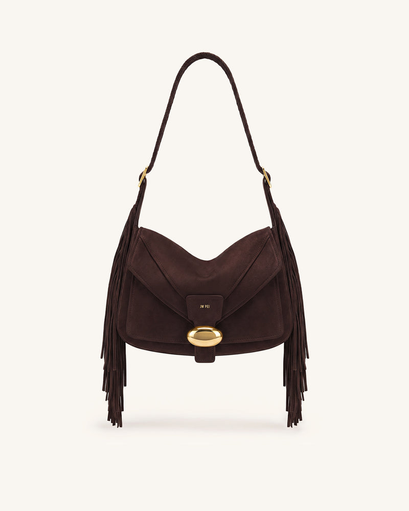 Avery Fringe Faux Suede Shoulder Bag - Dark Brown