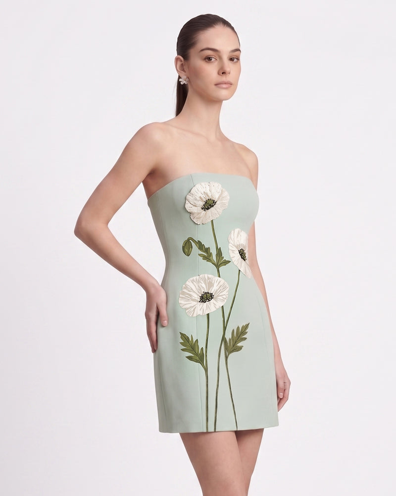 Corn Poppy Floral Strapless Mini Dress - Mint Green