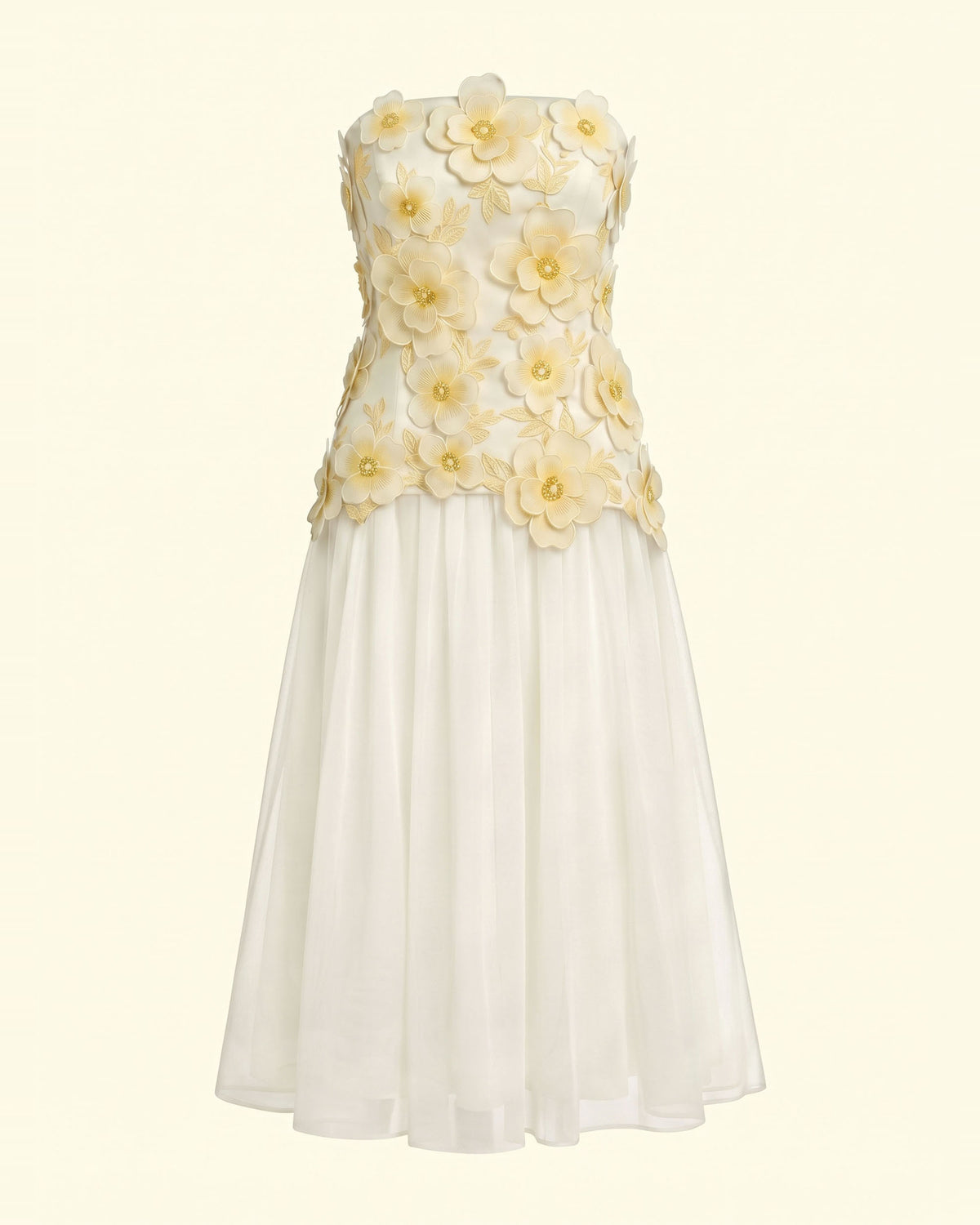 Flower Embroidered Strapless Midi Dress - Ivory