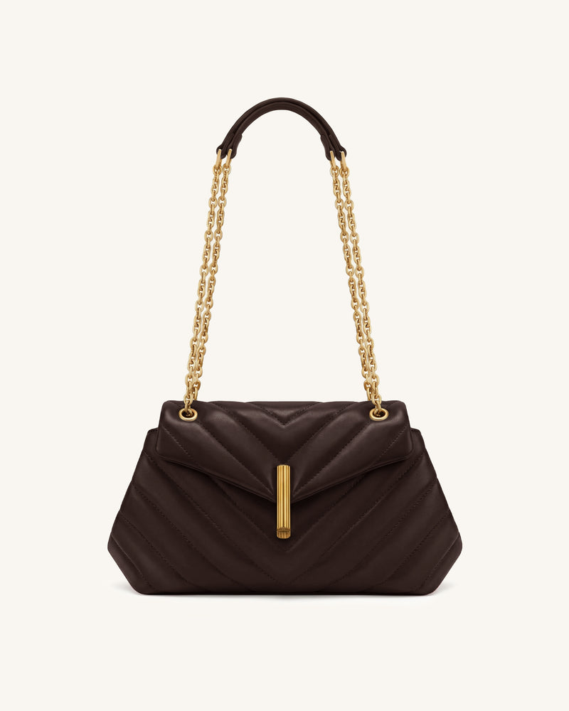 Valerie Quilted Chain Flap Shoulder Bag - Dark Brown