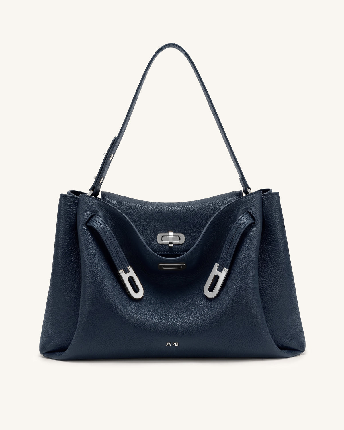 Rhea Large Pebbled Double Buckle Shoulder Bag - Navy Blue