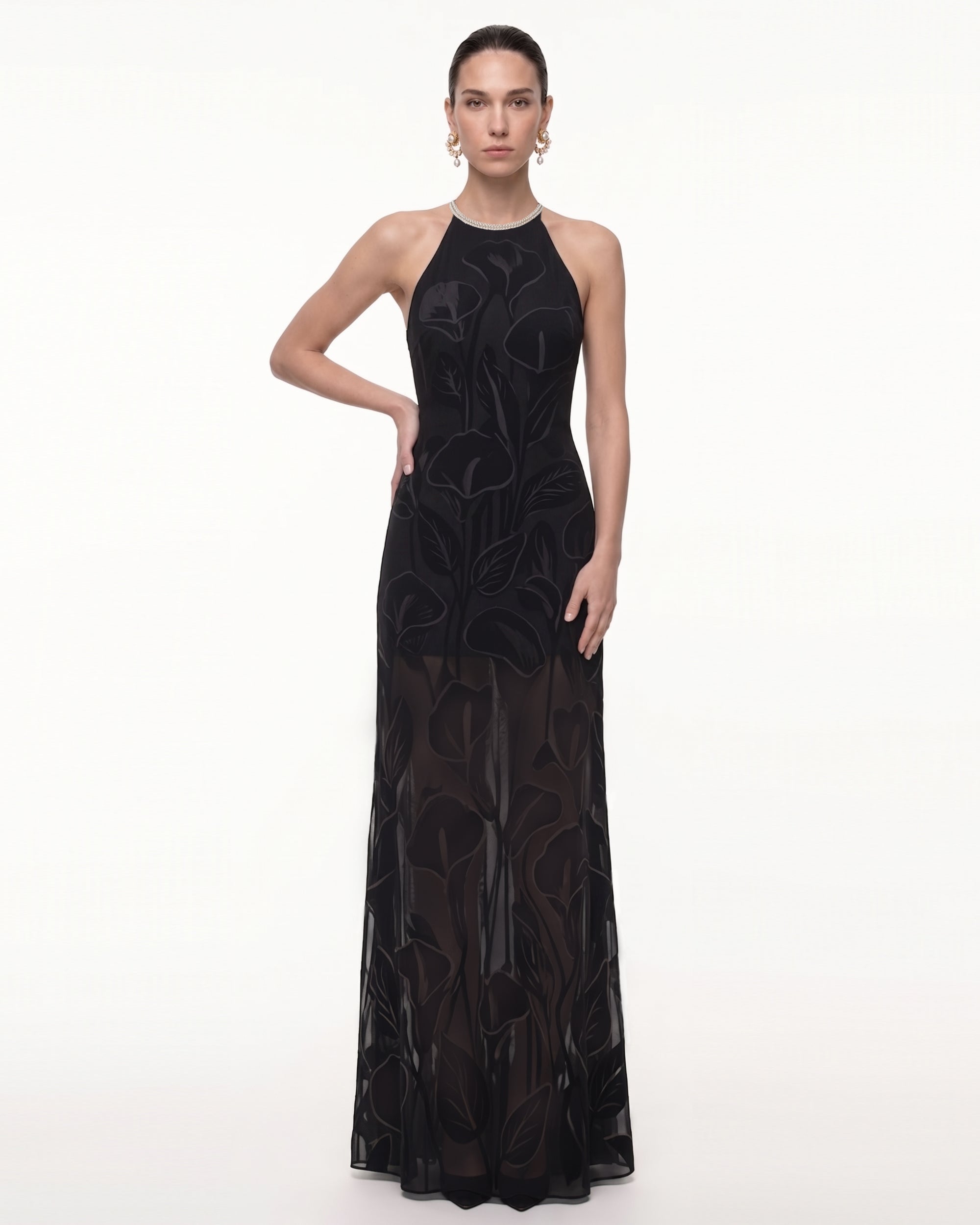 Calla Lily Sheer Halter Maxi Dress - Black