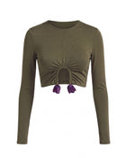 3D Embroidered Tulip Cutout Cropped Top - Olive Green
