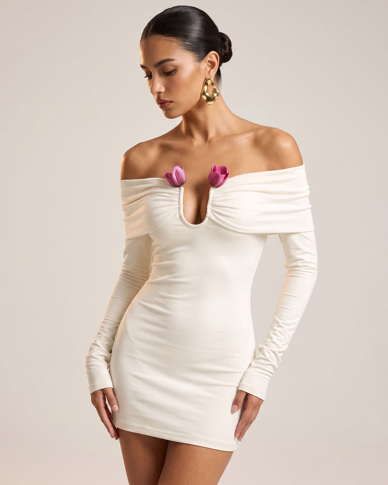 3D Embroidered Tulip Off-The-Shoulder Long-Sleeve Mini Dress - White