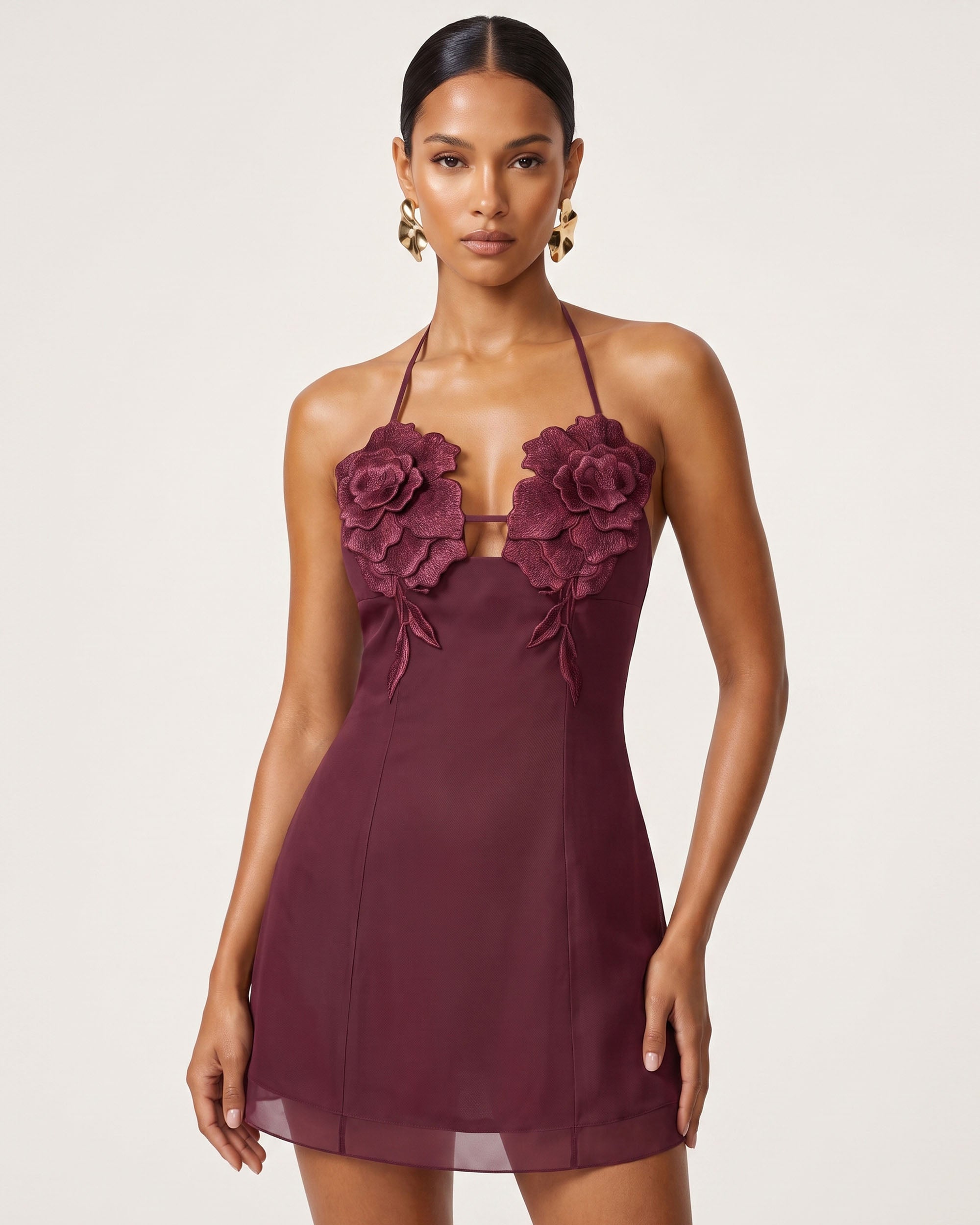 Flower Embroidered Mini Dress - Burgundy