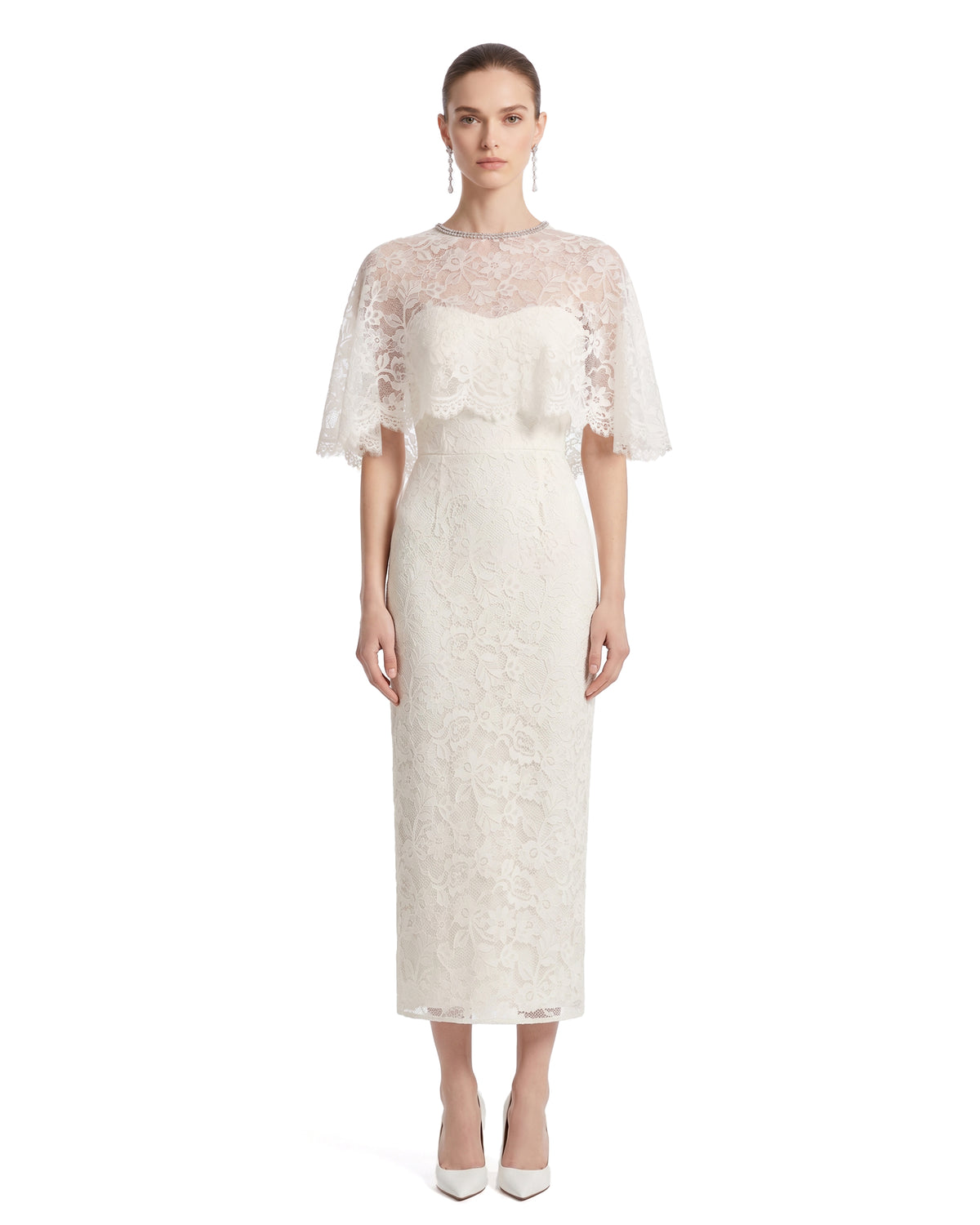 Lace Cape Sheath Midi Dress - Ivory