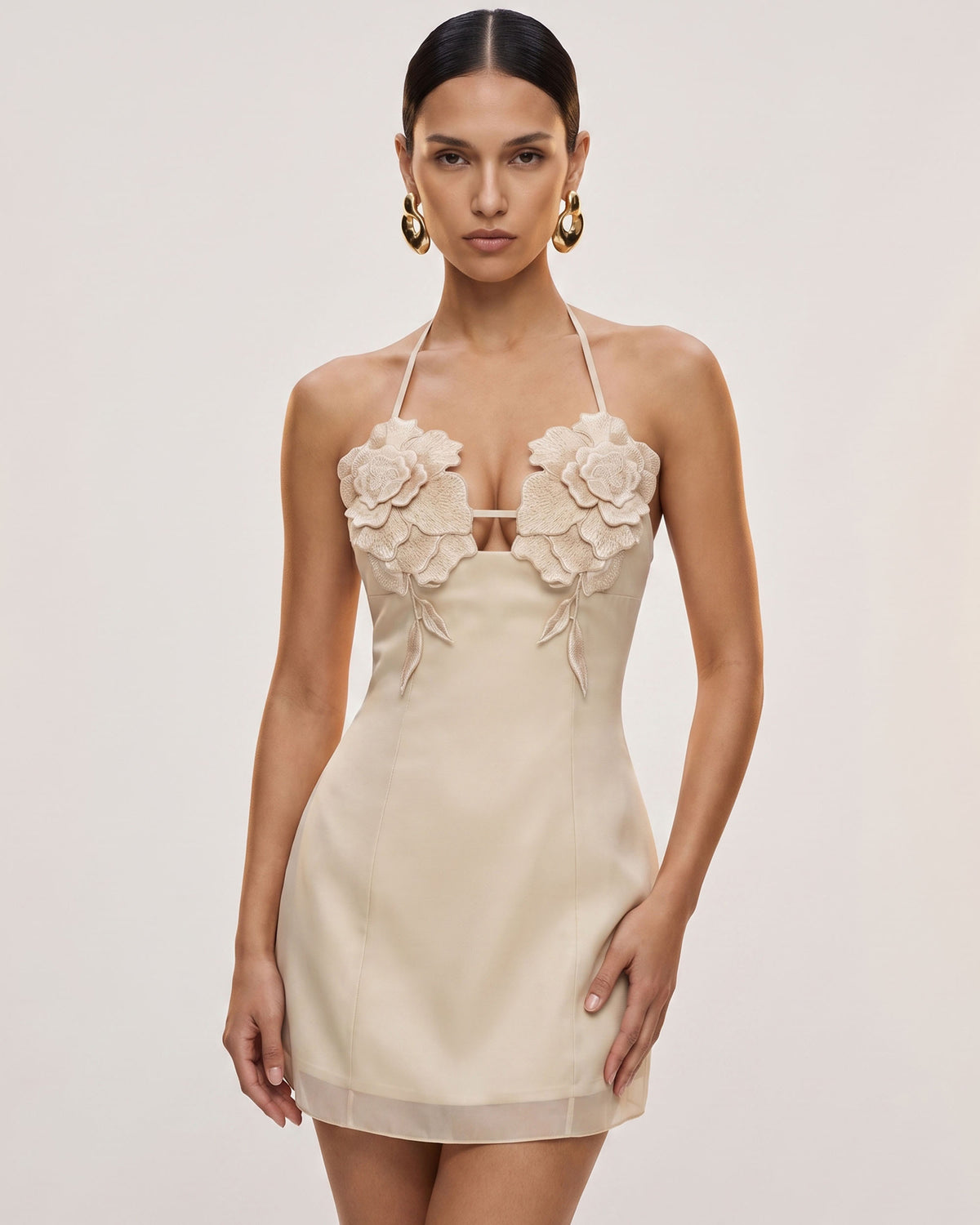Flower Embroidered Mini Dress - Light Champagne