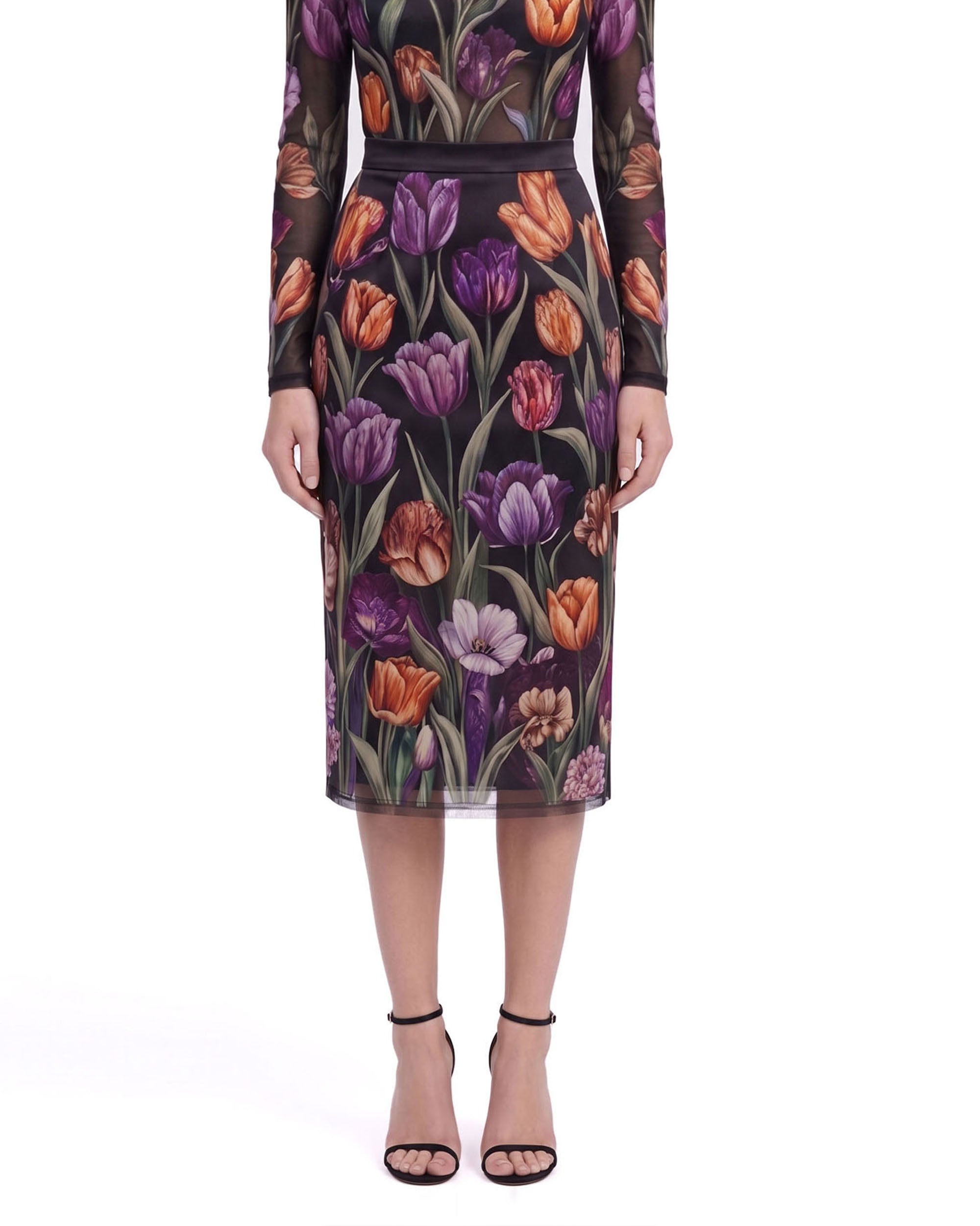 Tulip Print High-Waisted Midi Skirt - Black